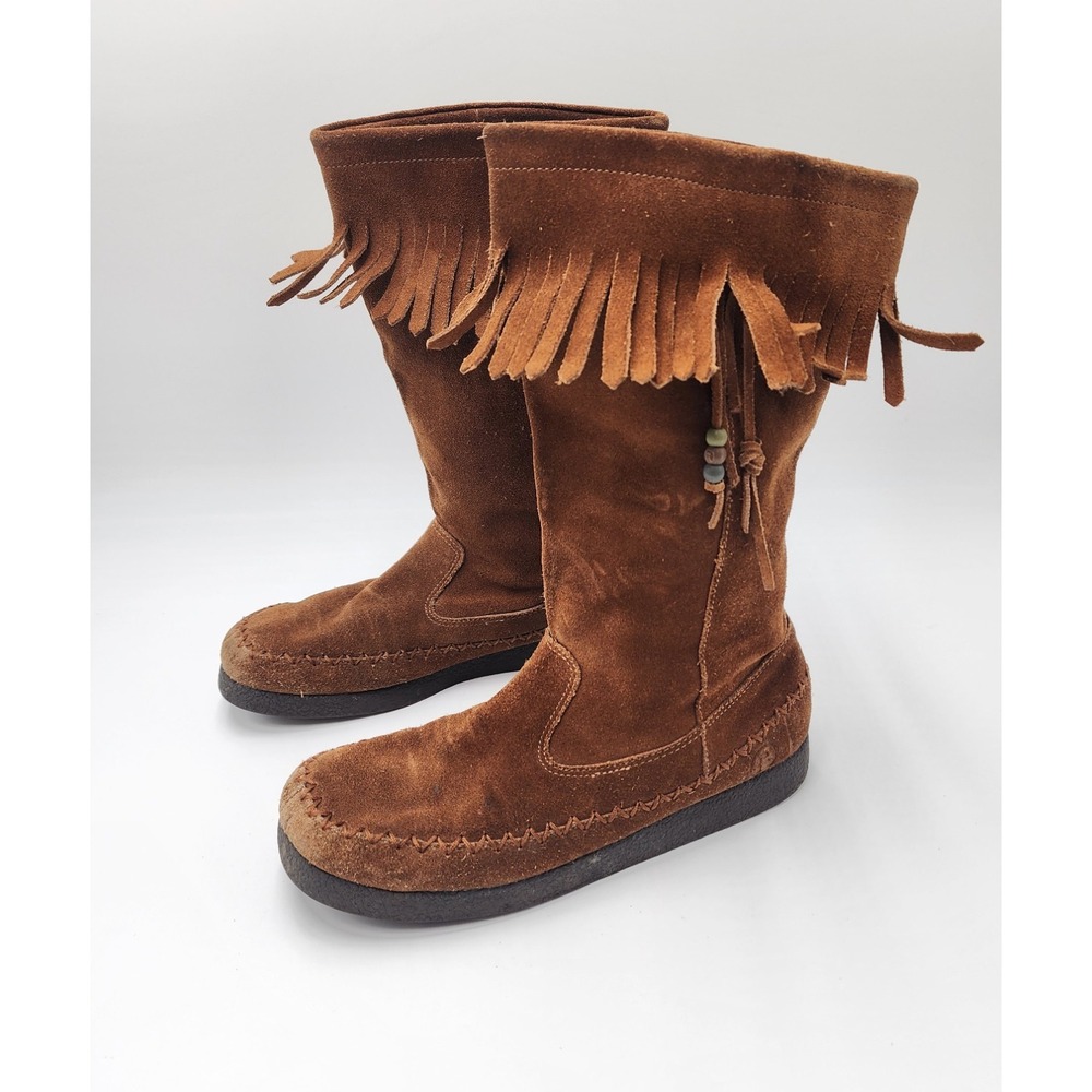 Report Dubai Tan Leather Mocassin Boots with‎ Beaded Accents Size 9.5